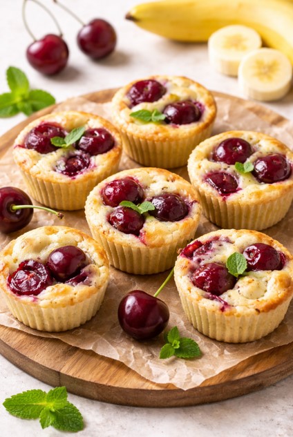 Varškės keksiukai su trešnėmis (be  papildomo cukraus)