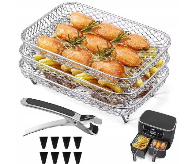 Kepimo grotelės 3 sluoksnių 19,2cm x 13,5cm su žnyplėm 2 stalčių gruzdintuvėms