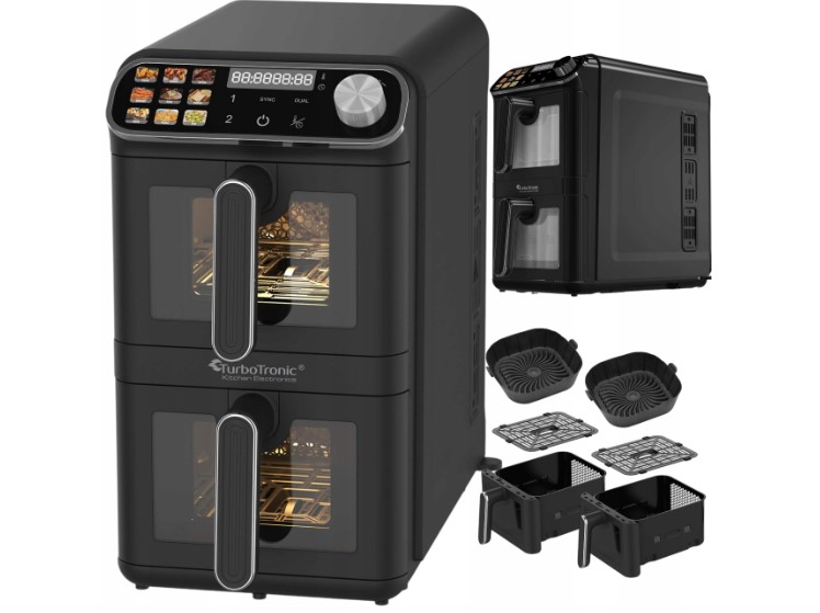 Naujiena ! Vertikali karšto oro gruzdintuvė Turbotronic 11L 2460W 2krepšelių su apžvalgos langu +DOVANA 2vnt. silikoninės formos